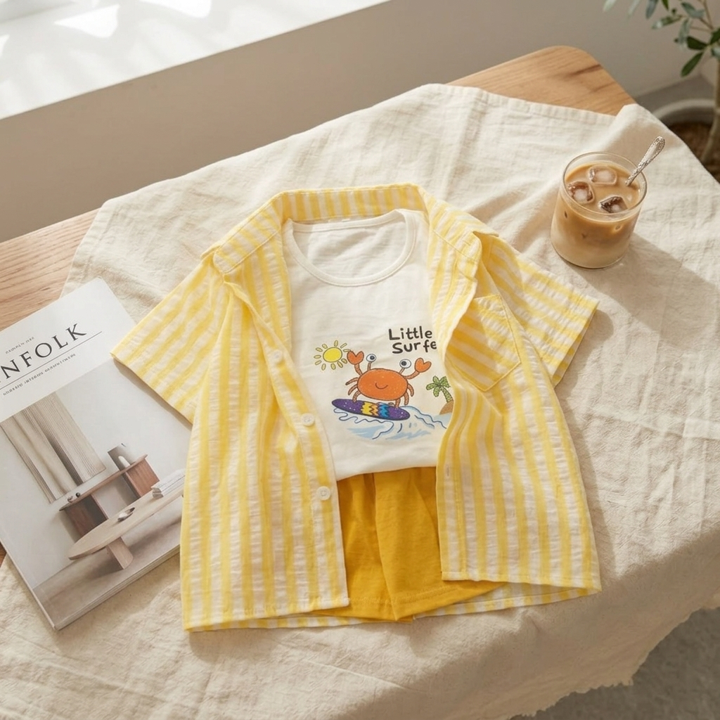 Set 3 Món Quần Áo Bé Trai Gumiho Kids (8-30kg), Bộ Đồ Hè Gồm Áo Sơ Mi Sọc Khoác Ngoài, Áo Ba Lỗ Cotton Và Quần Short