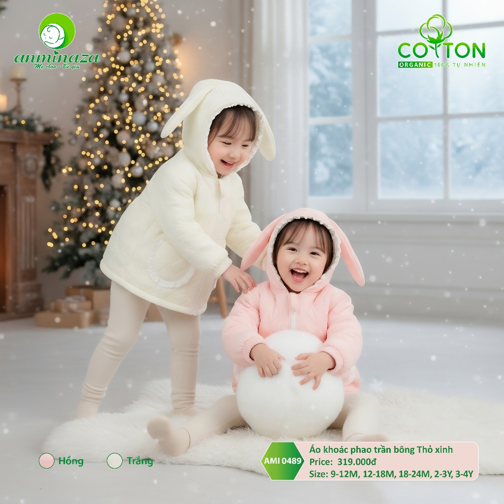 Áo Khoác Phao Trần Bông Thỏ Xinh Siêu Nhẹ Lót Nỉ Cực Ấm Cho Bé Gái - Hàng Chính Hãng AMI0489