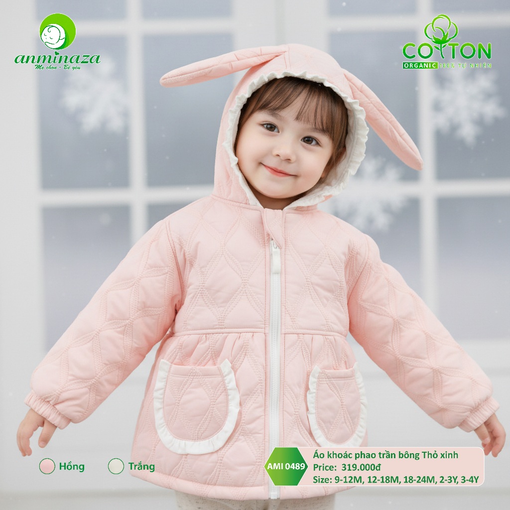 Áo Khoác Phao Trần Bông Thỏ Xinh Siêu Nhẹ Lót Nỉ Cực Ấm Cho Bé Gái - Hàng Chính Hãng AMI0489
