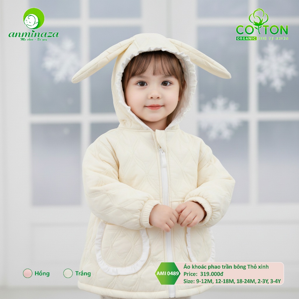 Áo Khoác Phao Trần Bông Thỏ Xinh Siêu Nhẹ Lót Nỉ Cực Ấm Cho Bé Gái - Hàng Chính Hãng AMI0489