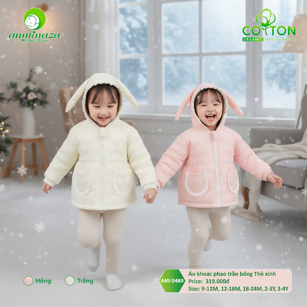 Áo Khoác Phao Trần Bông Thỏ Xinh Siêu Nhẹ Lót Nỉ Cực Ấm Cho Bé Gái - Hàng Chính Hãng AMI0489