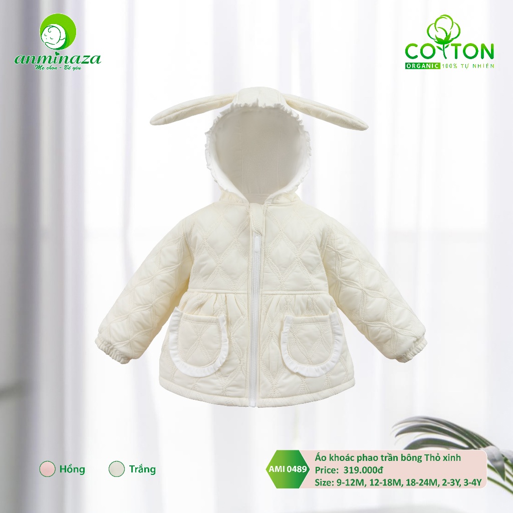 Áo Khoác Phao Trần Bông Thỏ Xinh Siêu Nhẹ Lót Nỉ Cực Ấm Cho Bé Gái - Hàng Chính Hãng AMI0489