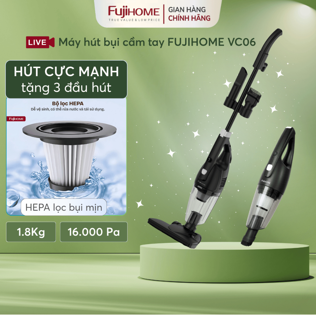 Máy hút bụi lọc HEPA hút bụi mịn VC06-B Nhập Khẩu FUJIHOME, máy hút bụi cầm tay có thể tháo rời