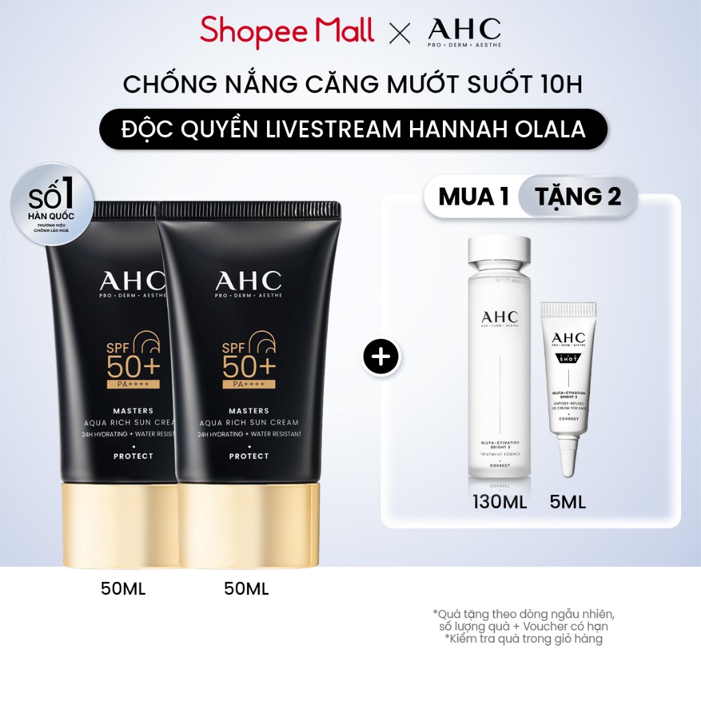 [AHCx HANNAH] Bộ đôi Kem chống nắng AHC phổ rộng 400nm căng mướt da chuẩn Hàn (50 ml x2) Masters Aqua Rich Sun Cream