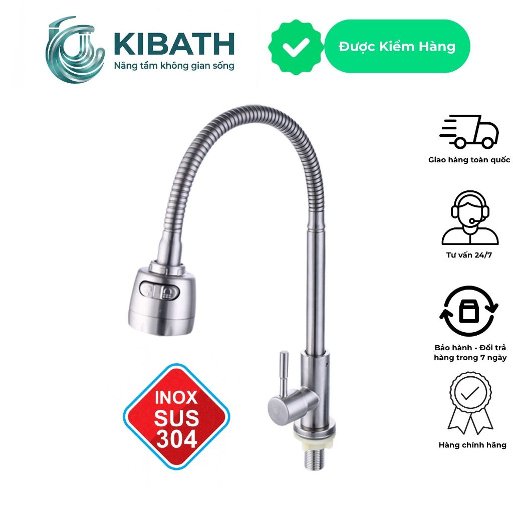 Vòi Rửa Chén Lạnh INOX 304 Cần Mềm Bẻ Lò Xo Uốn Dẻo, Vòi Bếp Xoay 360, Đầu Vòi 2 Chế Độ Phun