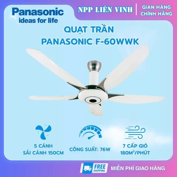 Quạt Trần Panasonic 5 Cánh F-60WWK Có Điều Khiển Remote - Quạt Trần Cao Cấp Hẹn Giờ Chính Hãng
