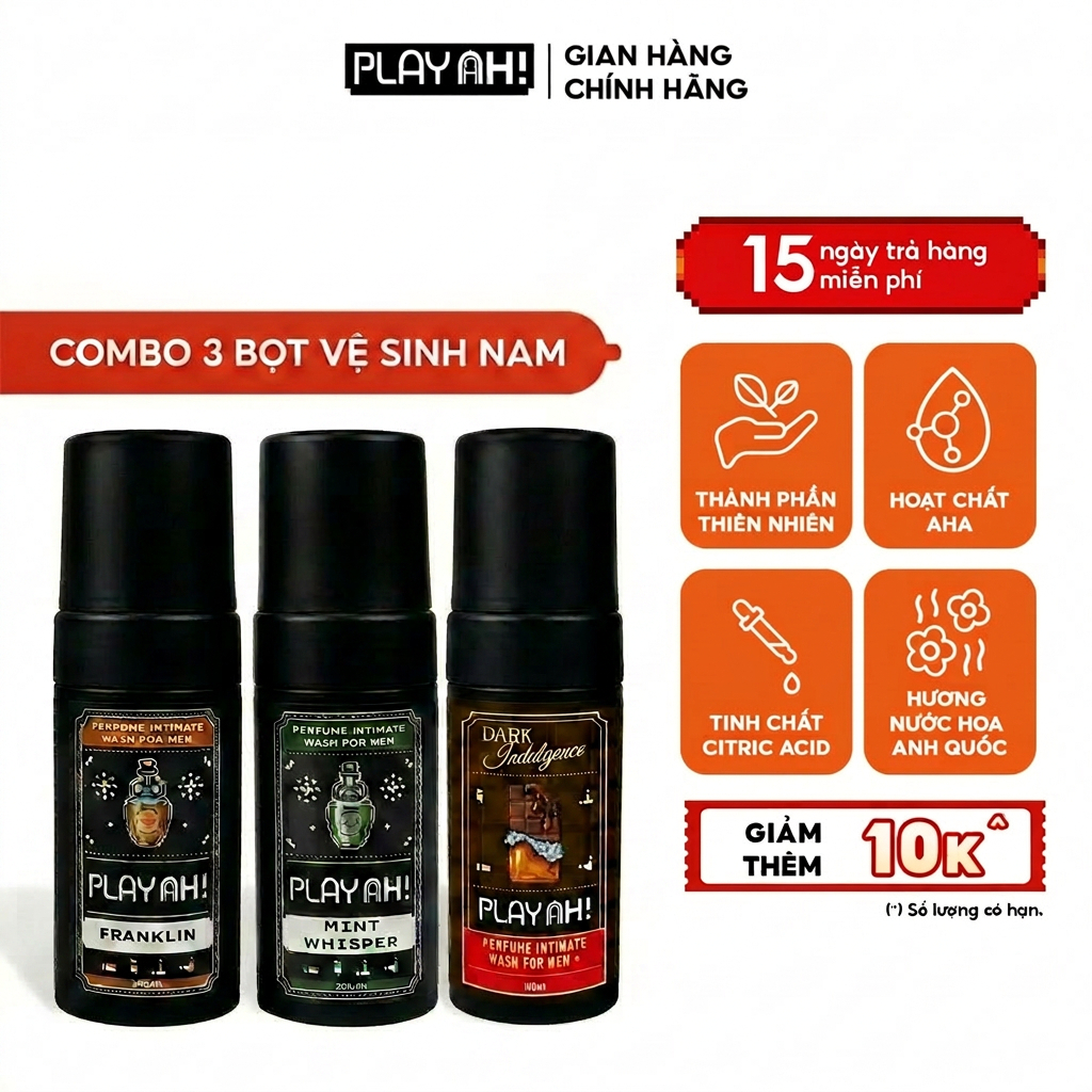 Bọt Dung Dịch Vệ Sinh Nam PlayAh! Dark Indulgence hương Chocolate/Mint Whisper/Franklin tạo bọt 100ml