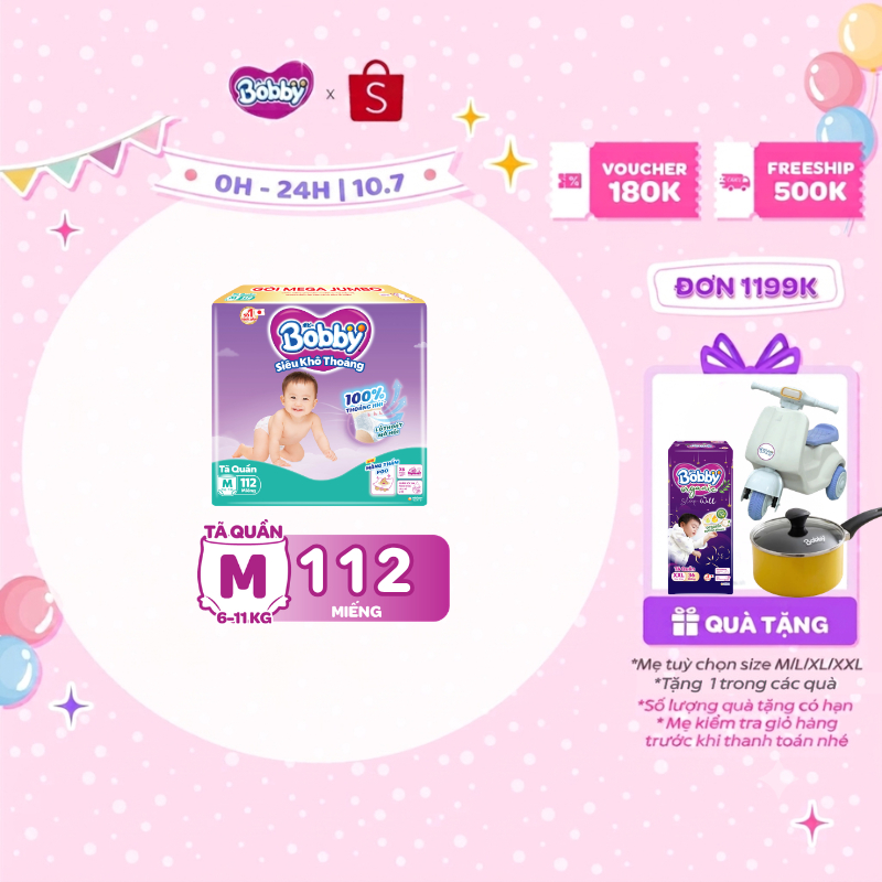[TẶNG MIẾNG NGẪU NHIÊN] Tã quần Bobby Khô Thoáng - 100% Thoáng Khí Mega Jumbo  M112/L96/XL84/XXL76