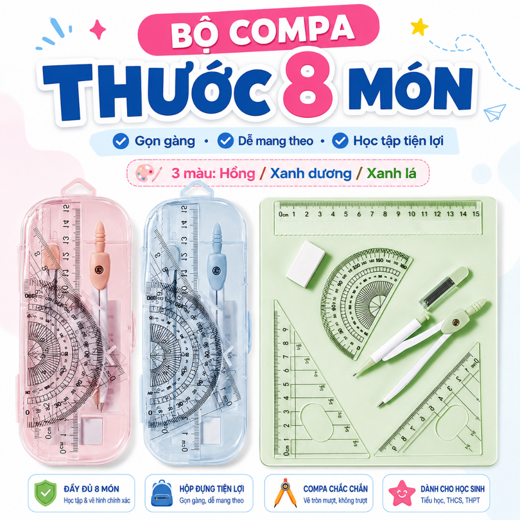 Bộ compa kim loại kèm thước học sinh, dụng cụ vẽ hình học toán học, phù hợp học tập, kim tra và  giảng dạy.