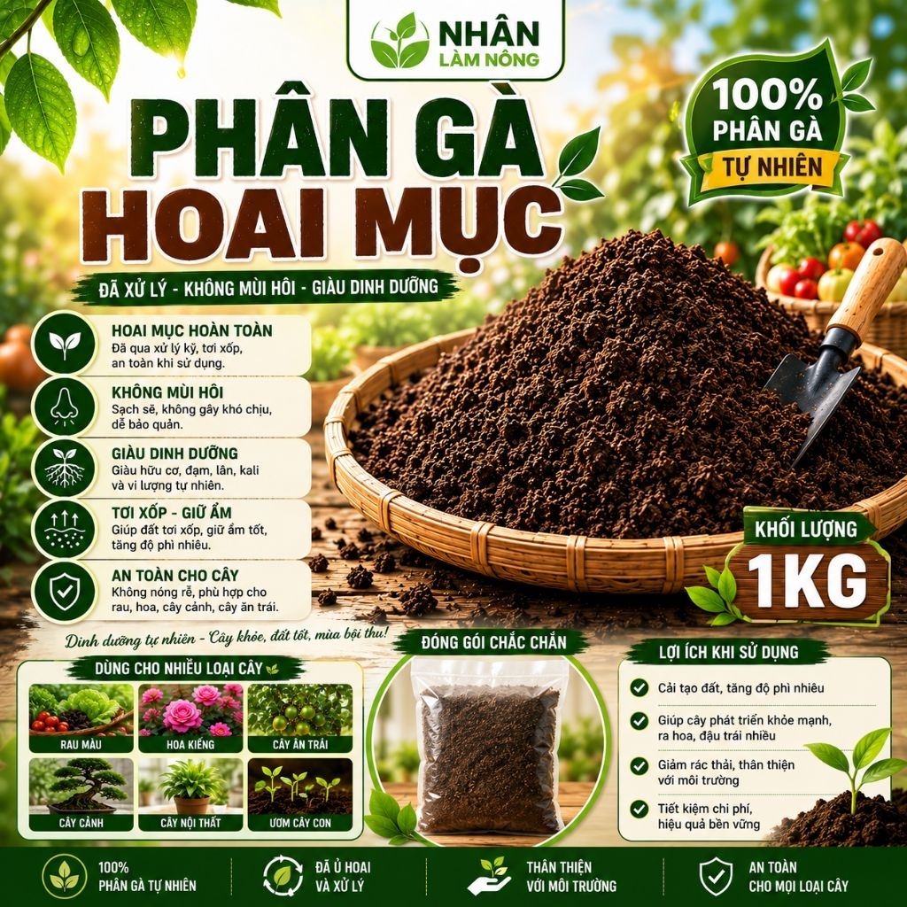 Phân Gà Hoai Mục 1kg Đã Xử Lý - Phân Hữu Cơ Sạch Không Mùi, Bón Rau, Hoa, Cây Cảnh, Cây Ăn Trái