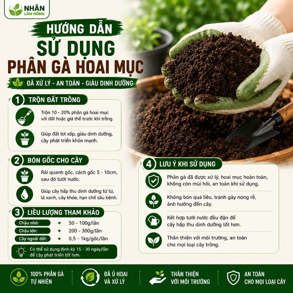 Phân Gà Hoai Mục 1kg Đã Xử Lý - Phân Hữu Cơ Sạch Không Mùi, Bón Rau, Hoa, Cây Cảnh, Cây Ăn Trái