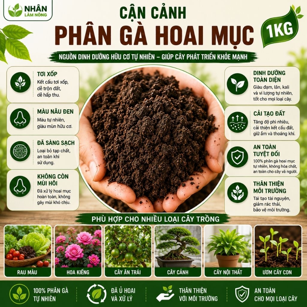 Phân Gà Hoai Mục 1kg Đã Xử Lý - Phân Hữu Cơ Sạch Không Mùi, Bón Rau, Hoa, Cây Cảnh, Cây Ăn Trái
