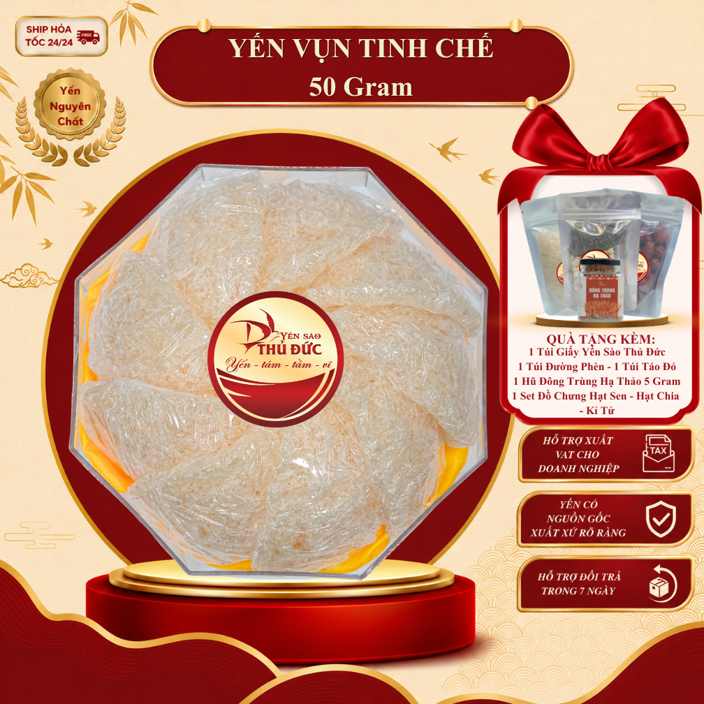 Yến Tinh Chế Xơ Mướp Vụn Yến Sào Thủ Đức - Tổ Yến Sào Nguyên Chất 100% Không Đường (Hộp 50g Tiết Kiệm) - TYSCSL