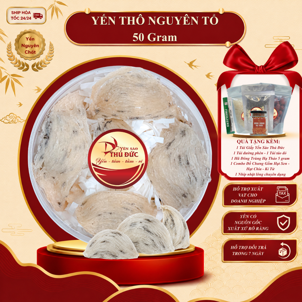 Yến Thô Già Gân Tuyển Chọn Yến Sào Thủ Đức - Tổ Yến Thô Nguyên Chất 100% (Hộp 50g Tặng Nhíp Đồ Chưng)