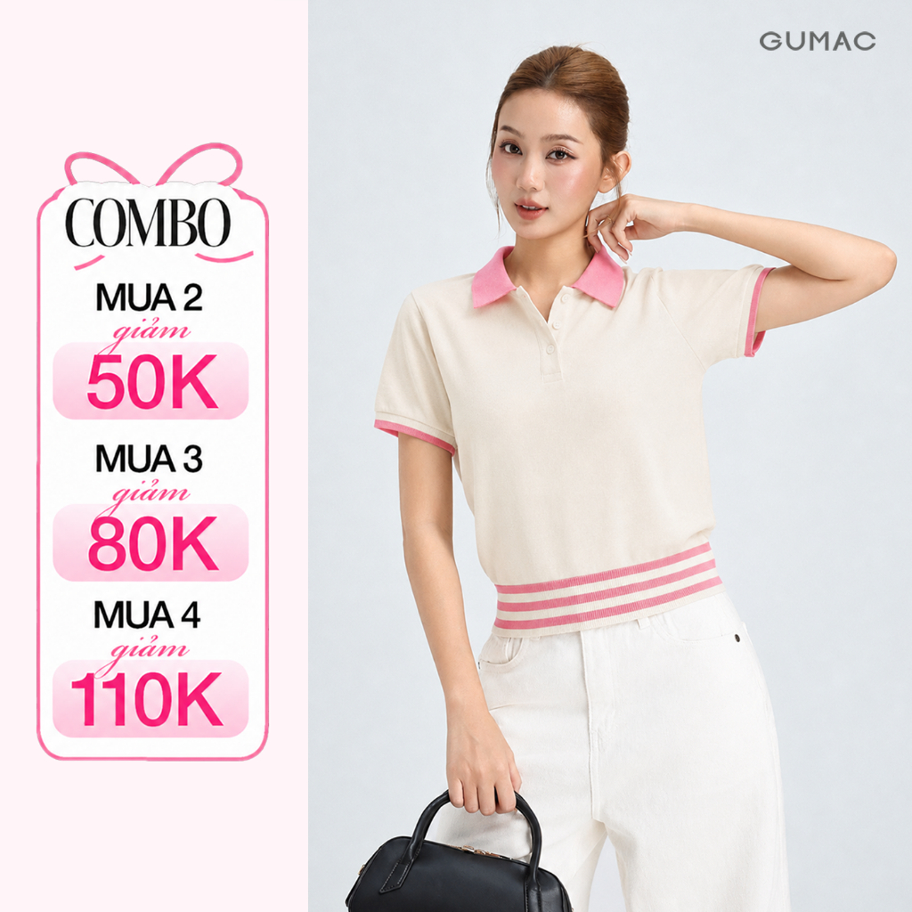 Áo Polo Nữ GUMAC Form Lửng Chất Thun Tổ Ong Bo Tay Phối Kiểu Sọc Thoáng Mát Trẻ Trung APG01024