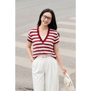 Áo Kiểu Nữ LAMER FASHION Áo Len Kẻ Cộc Tay Cổ V Phối Kẻ Trẻ Trung Mchic O61W26H032