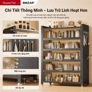 BMZAR Kệ Tủ Bếp Kệ tủ đa năng 5 Tầng có cửa trong suốt chống bụi tiện lợi Tủ đựng chén bát Có bánh xe