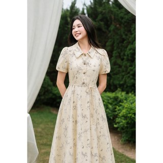 Đầm xòe LAMER dáng dài, váy đầm công sở cổ bẻ tay bồng dây buộc eo-Mchic O63L26H023