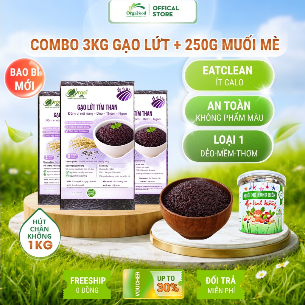 3kg gạo lứt đen (tím than) Điện Biên Orgafood, dẻo mềm thơm, ăn thực dưỡng, ăn chay Food