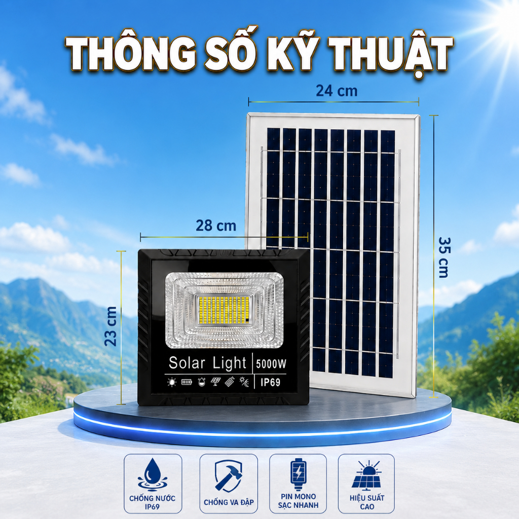 Đèn Năng Lượng Mặt Trời - Công Suất 5000W - Vỏ Nhựa ABS-Chống Nước IP69 - Không tốn tiền điện. An toàn Tự động bật/tắt