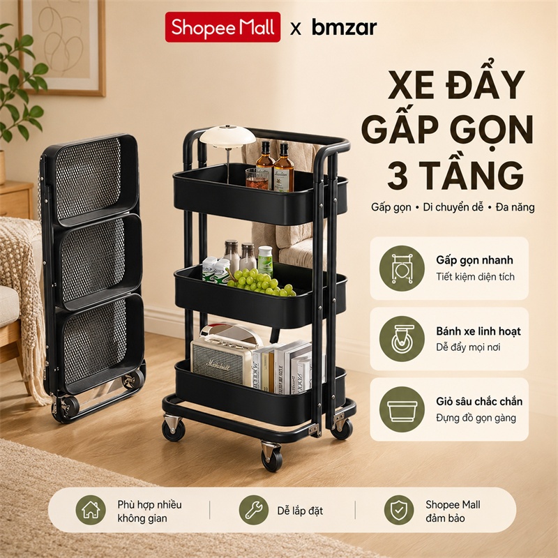 【100% thép】BMZAR Kệ để đồ đa năng Gấp Gọn Kệ Gấp Gọn 3Tầng Đa Năng Xe Đẩy Spa Được làm bằng khay thép cacbon chống gỉ