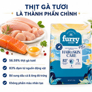 Thức Ăn Cho Mèo FURRY WONDER 1.5kg - Hạt Khô Hair & Skin Care, 83% Đạm Động Vật, Hỗ Trợ Lông Da