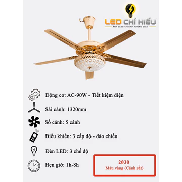 Quạt Trần Đèn 5 Cánh Thép Mạ Vàng Lõi Đồng, Sải Cánh 1m32,Điều Khiển Từ Xa 6 Cấp Độ Gió,Led 3 Chế Độ,Quạt Trần Trang Trí