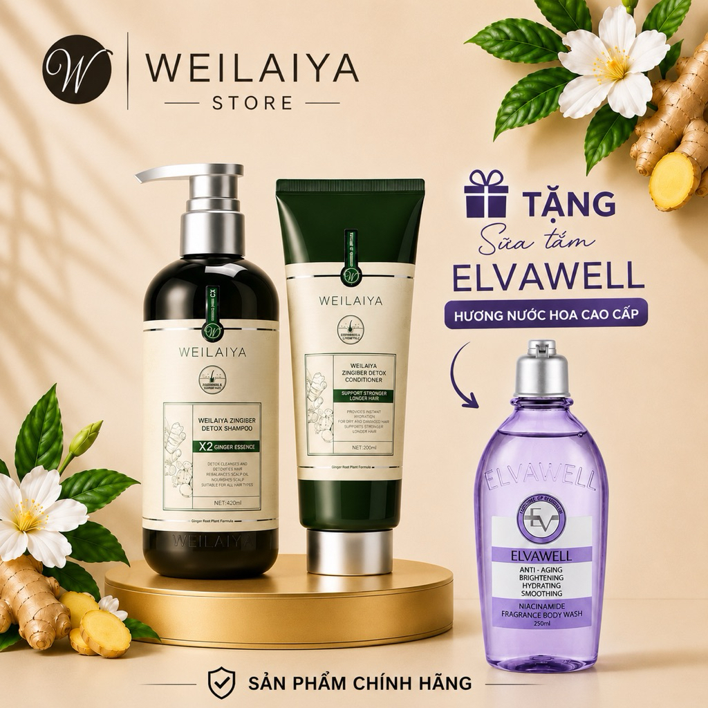 Bộ Dầu Gội Xả Gừng Weilaiya X2 Ginger Essence 420ml+200ml Tặng Sữa Tắm Elvawell 250ml-Hương Nước Hoa