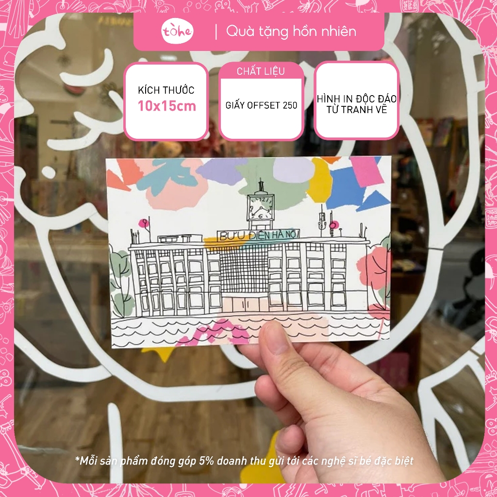 Postcard Việt Nam lưu niệm địa danh Hà Nội hình in từ tranh vẽ độc đáo, làm quà tặng quà lưu niệm