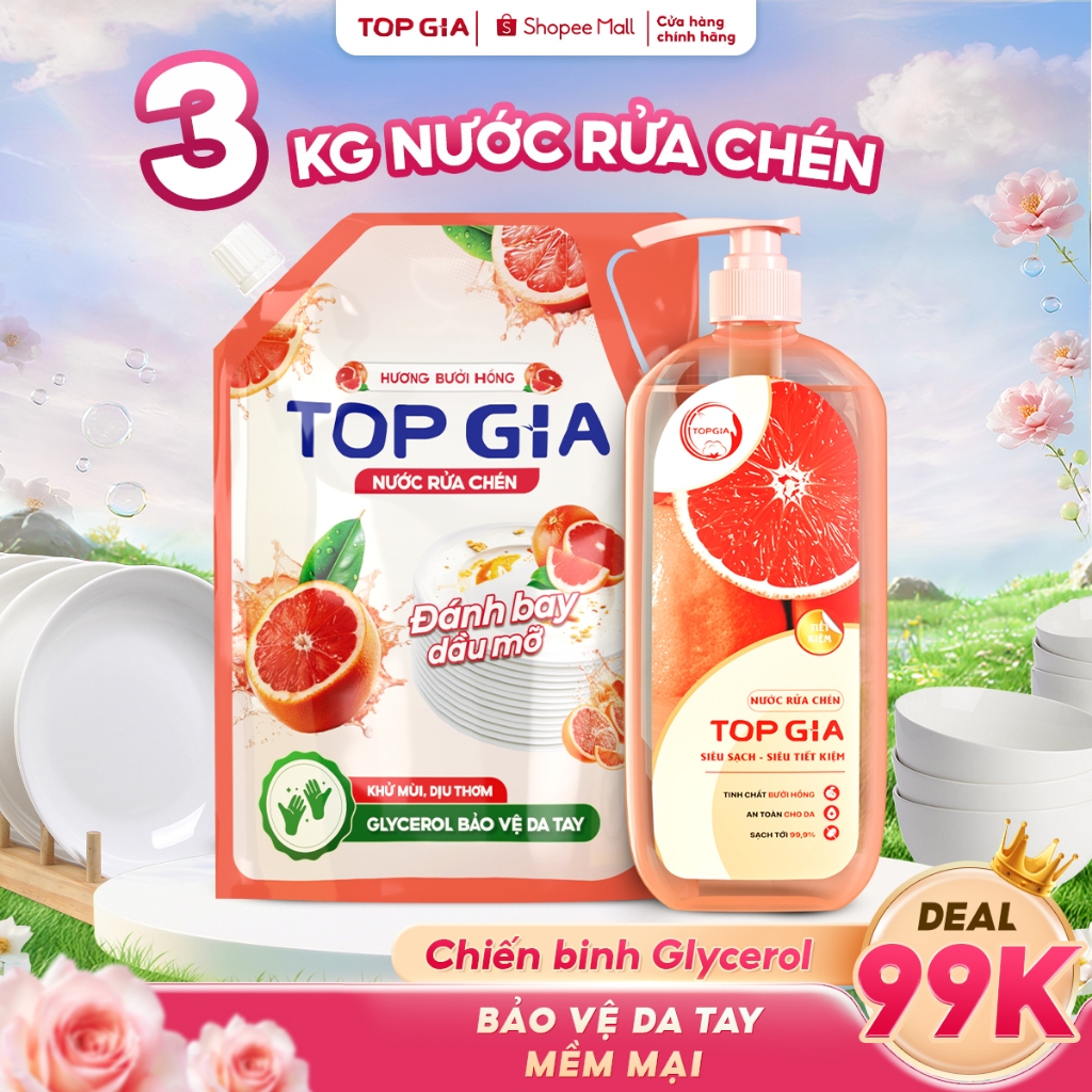 [COMBO 3KG TIẾT KIỆM] Nước Rửa Chén Bát TOPGIA Hương Thiên Nhiên, An Toàn Không Làm Khô Da 0PT