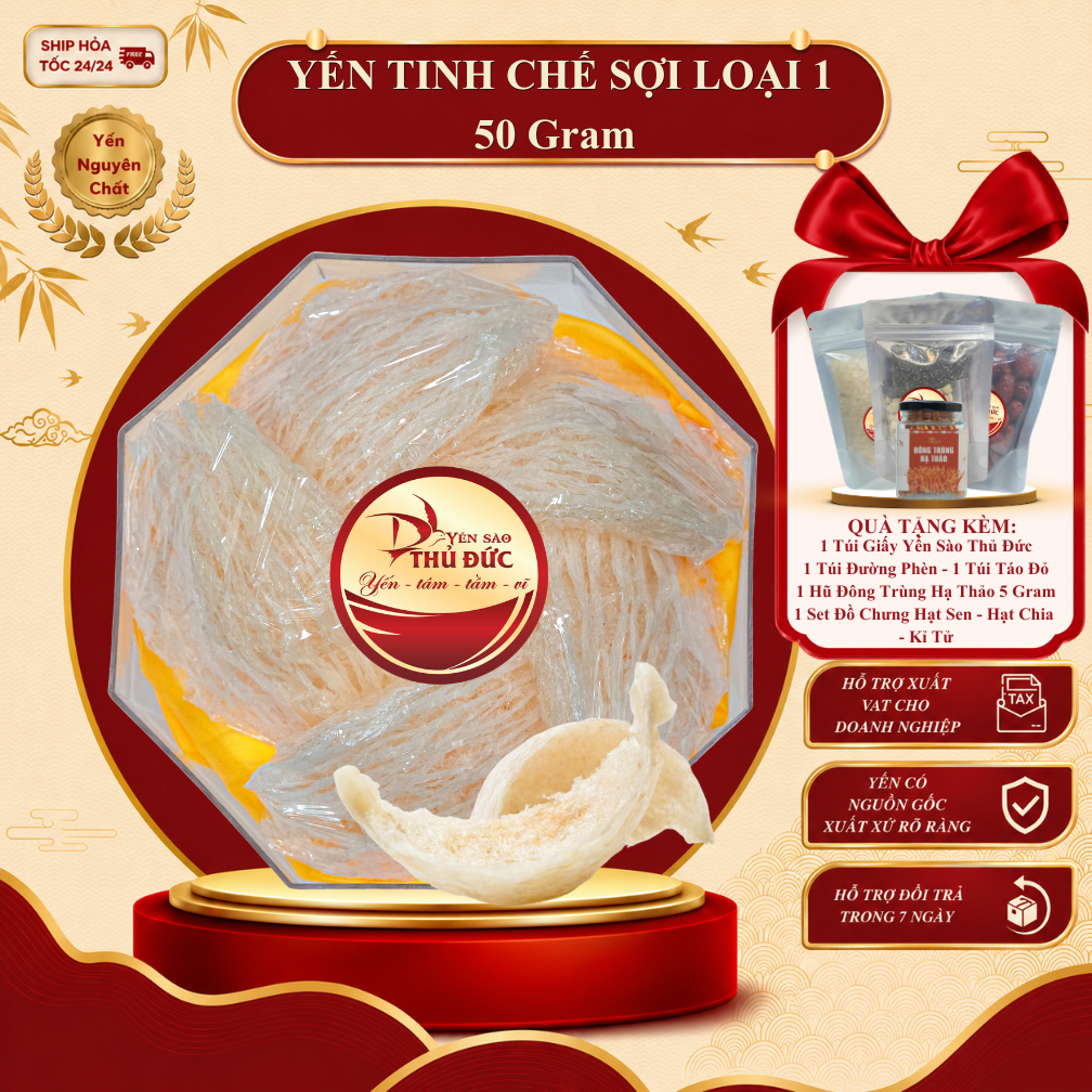 Yến Sào Tinh Chế Sợi Loại 1 Yến Sào Thủ Đức - Tổ Yến Nguyên Chất 100% Không Đường Tạp Chất - 50 gram - TYSCSL