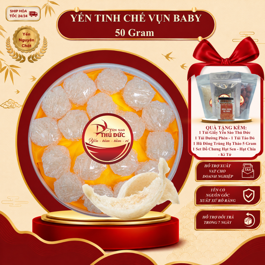 Yến Tinh Chế Xơ Mướp Vụn Yến Sào Thủ Đức - Tổ Yến Sào Nguyên Chất 100% Không Đường (Hộp 50g Tiết Kiệm) - TYSCSL