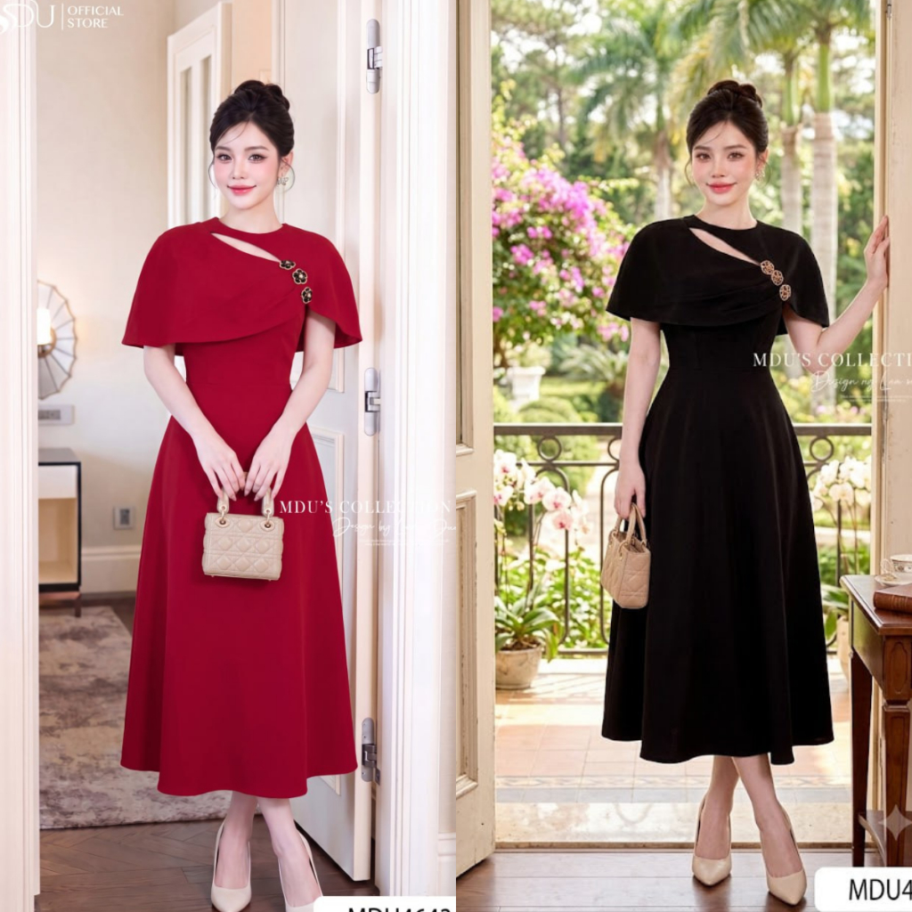 Váy Thiết Kế ADELA DESIGN Chất Mango Ý Cao Cấp Cape Lệch Vai Sang Trọng BST MDU4643