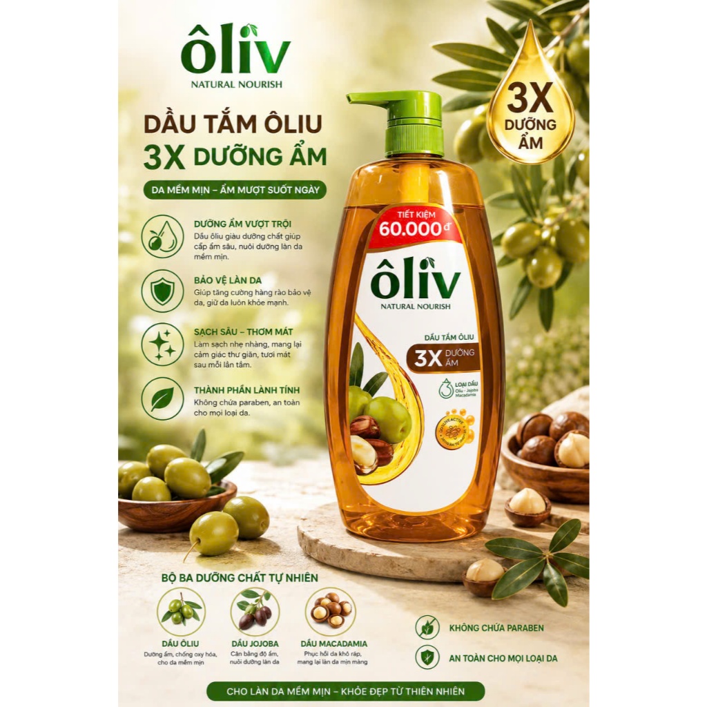 [MỚI] Sữa Tắm Dưỡng Da, Dầu Tắm ÔLIV 3X Dưỡng Ẩm/Dưỡng Sáng Da/Dành Cho Làn Da Nhạy Cảm 650ML/1L | BigBuy360 - bigbuy360.vn