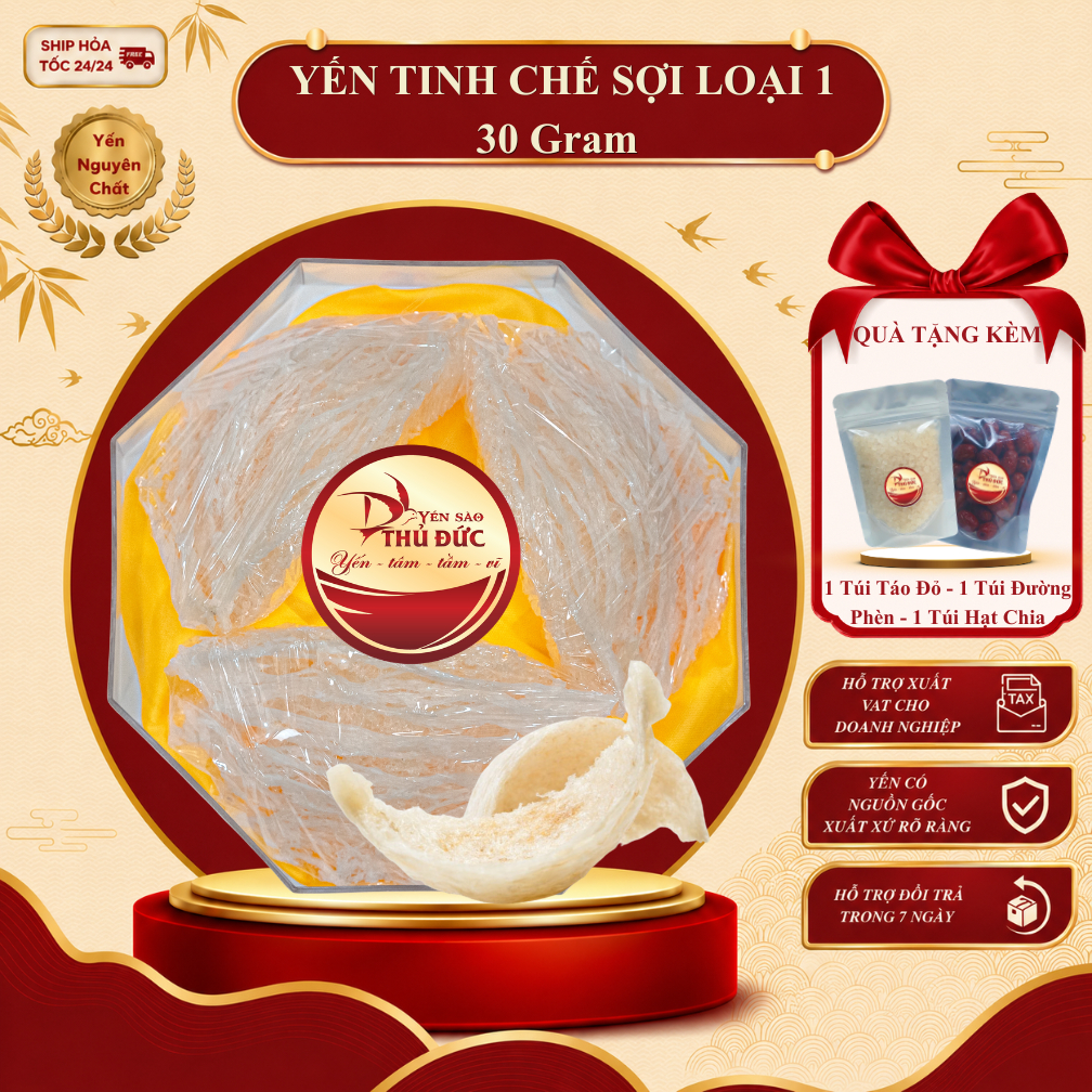 Yến Sào Tinh Chế Sợi Loại 1 Yến Sào Thủ Đức - Tổ Yến Nguyên Chất 100% Không Đường Tạp Chất - 30 gram - TYSCSL