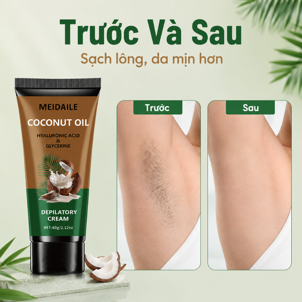 Kem Tẩy Lông MEIDAILE 60g Dầu Dừa, Tẩy Lông Tại Nhà Cho Tay Chân Nách, Dưỡng Ẩm Da Mịn