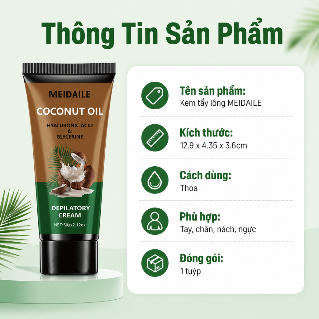 Kem Tẩy Lông MEIDAILE 60g Dầu Dừa, Tẩy Lông Tại Nhà Cho Tay Chân Nách, Dưỡng Ẩm Da Mịn