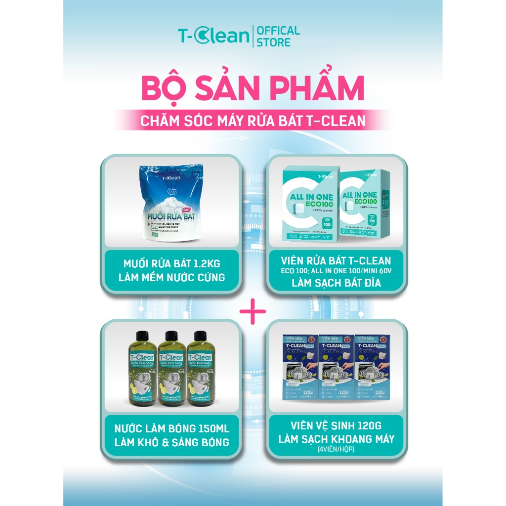 Muối Rủa Bát T-Clean 1,2kg Cho Máy Rửa Bát , làm mềm nước, hạt nhỏ dễ tan, bảo vệ máy