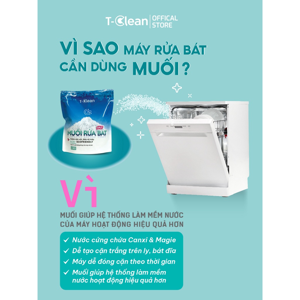 Muối Rủa Bát T-Clean 1,2kg Cho Máy Rửa Bát , làm mềm nước, hạt nhỏ dễ tan, bảo vệ máy