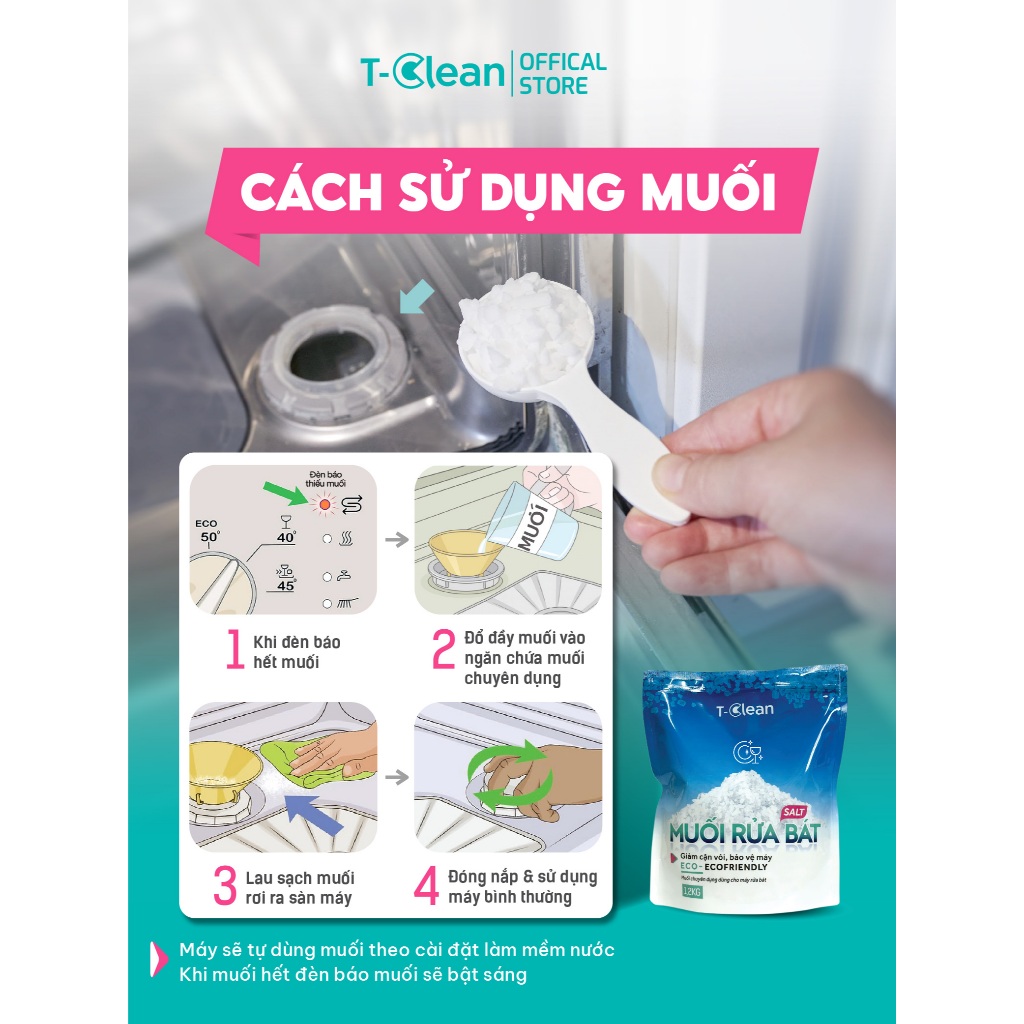 Muối Rủa Bát T-Clean 1,2kg Cho Máy Rửa Bát , làm mềm nước, hạt nhỏ dễ tan, bảo vệ máy