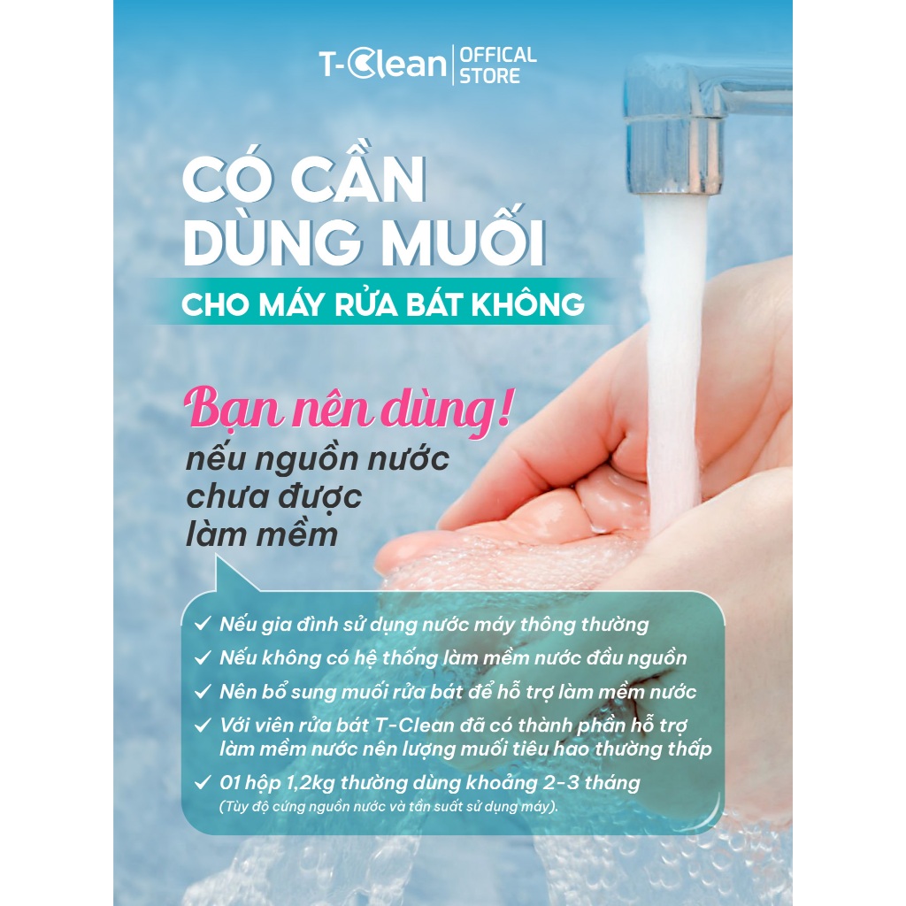 Muối Rủa Bát T-Clean 1,2kg Cho Máy Rửa Bát , làm mềm nước, hạt nhỏ dễ tan, bảo vệ máy