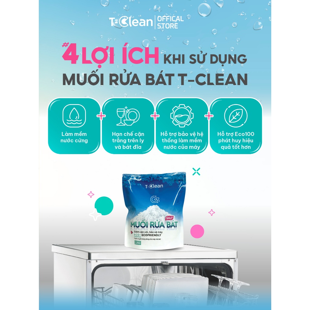 Muối Rủa Bát T-Clean 1,2kg Cho Máy Rửa Bát , làm mềm nước, hạt nhỏ dễ tan, bảo vệ máy