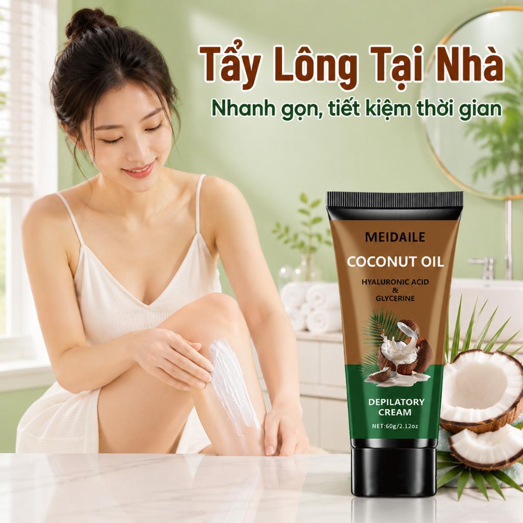 Kem Tẩy Lông MEIDAILE 60g Dầu Dừa, Tẩy Lông Tại Nhà Cho Tay Chân Nách, Dưỡng Ẩm Da Mịn