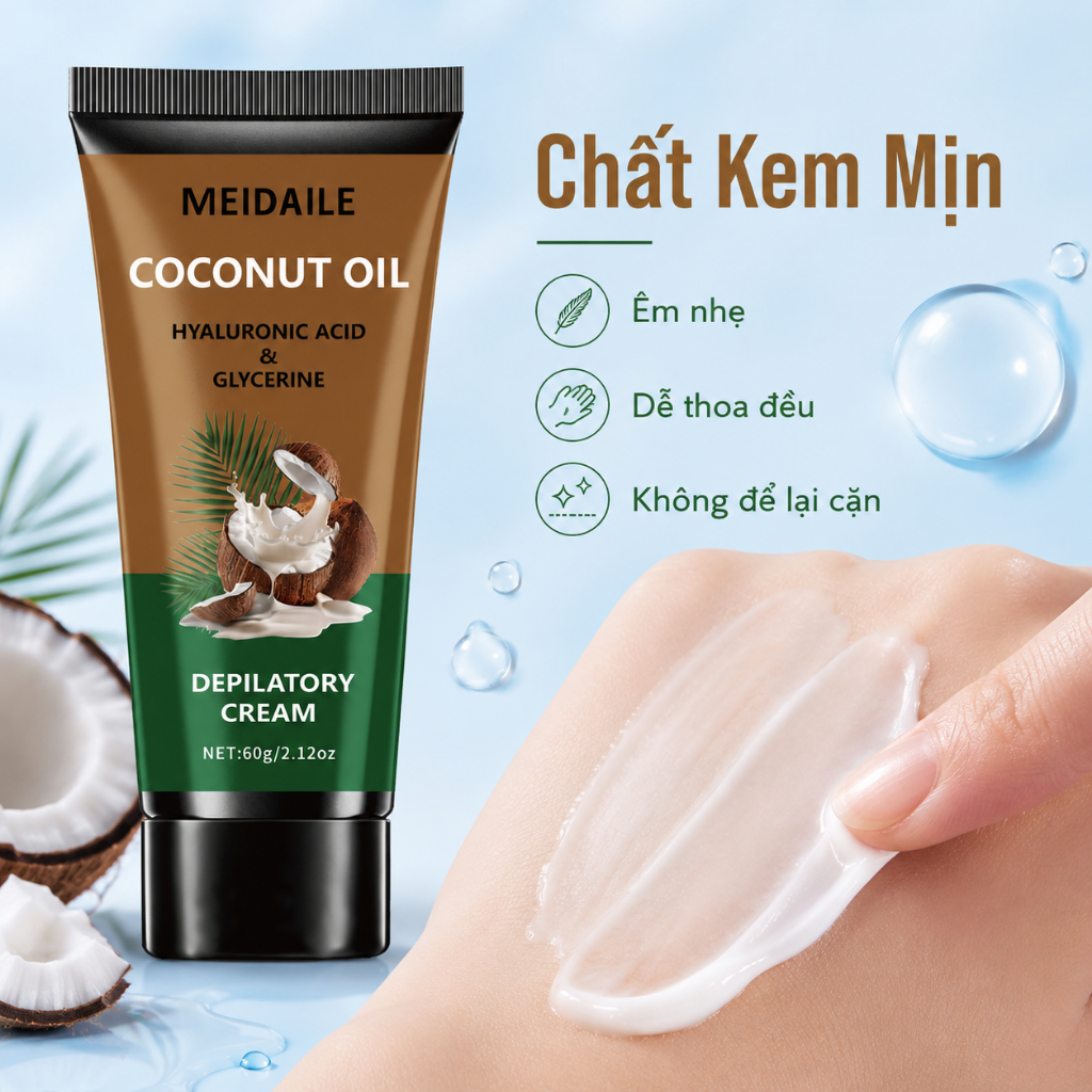 Kem Tẩy Lông MEIDAILE 60g Dầu Dừa, Tẩy Lông Tại Nhà Cho Tay Chân Nách, Dưỡng Ẩm Da Mịn