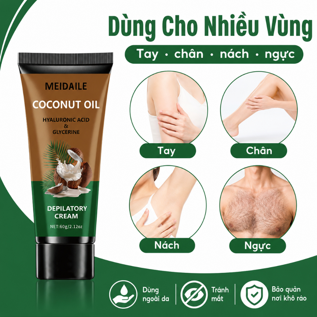 Kem Tẩy Lông MEIDAILE 60g Dầu Dừa, Tẩy Lông Tại Nhà Cho Tay Chân Nách, Dưỡng Ẩm Da Mịn
