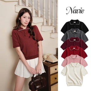 NAVIE X EVA - Áo polo len dệt kim phối ren thời trang nữ