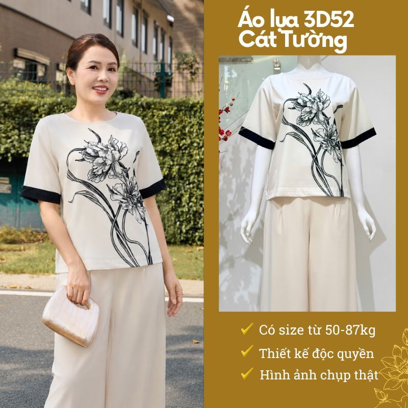 Áo thiết kế trung niên chất liệu lụa sang trọng, quà tặng bà tặng mẹ 3D52 -Thời trang Cát Tường