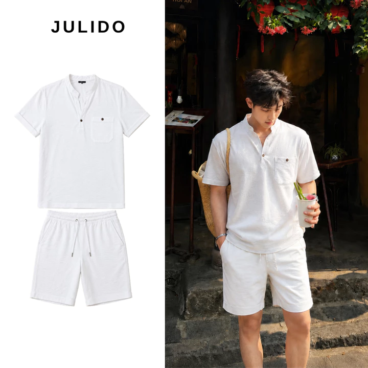 Set Đồ Bộ Nam Tay Ngắn Cổ Tàu Chất Đũi Vân Mây Julido Form Vừa Phong Cách Hàn Quốc Đi Biển Đi Chơi