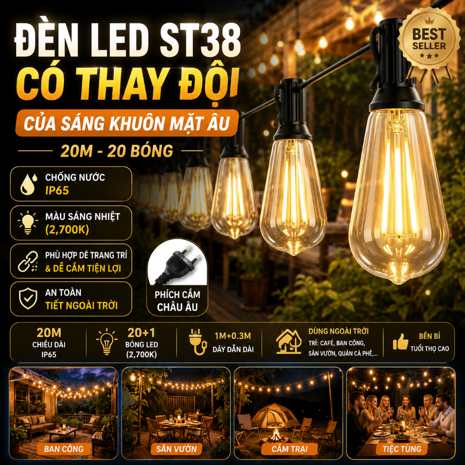 ST38 Đèn Dây LED Năng Lượng Mặt Trời 8 Chế Độ, IP65,Điều Chỉnh Độ Sáng, Đèn Trang Trí Sân Vườn Ban Công Tiệc Ngoài Trời