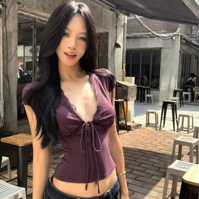 【dynamar】HÀNG CÓ SẴN-Áo thun ren gợi cảm cổ chữ V tay ngắn, kiểu dáng hot girl, có dây rút ở eo.